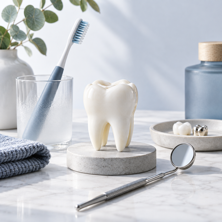 Modello di dente, spazzolino e specchietto per rappresentare prevenzione e cure dentali.